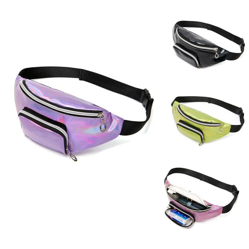 

custom logo private label Amazon Shinny PU Leather Holographic Laser waterproof belt bag Fanny Pack Waist Bag for women