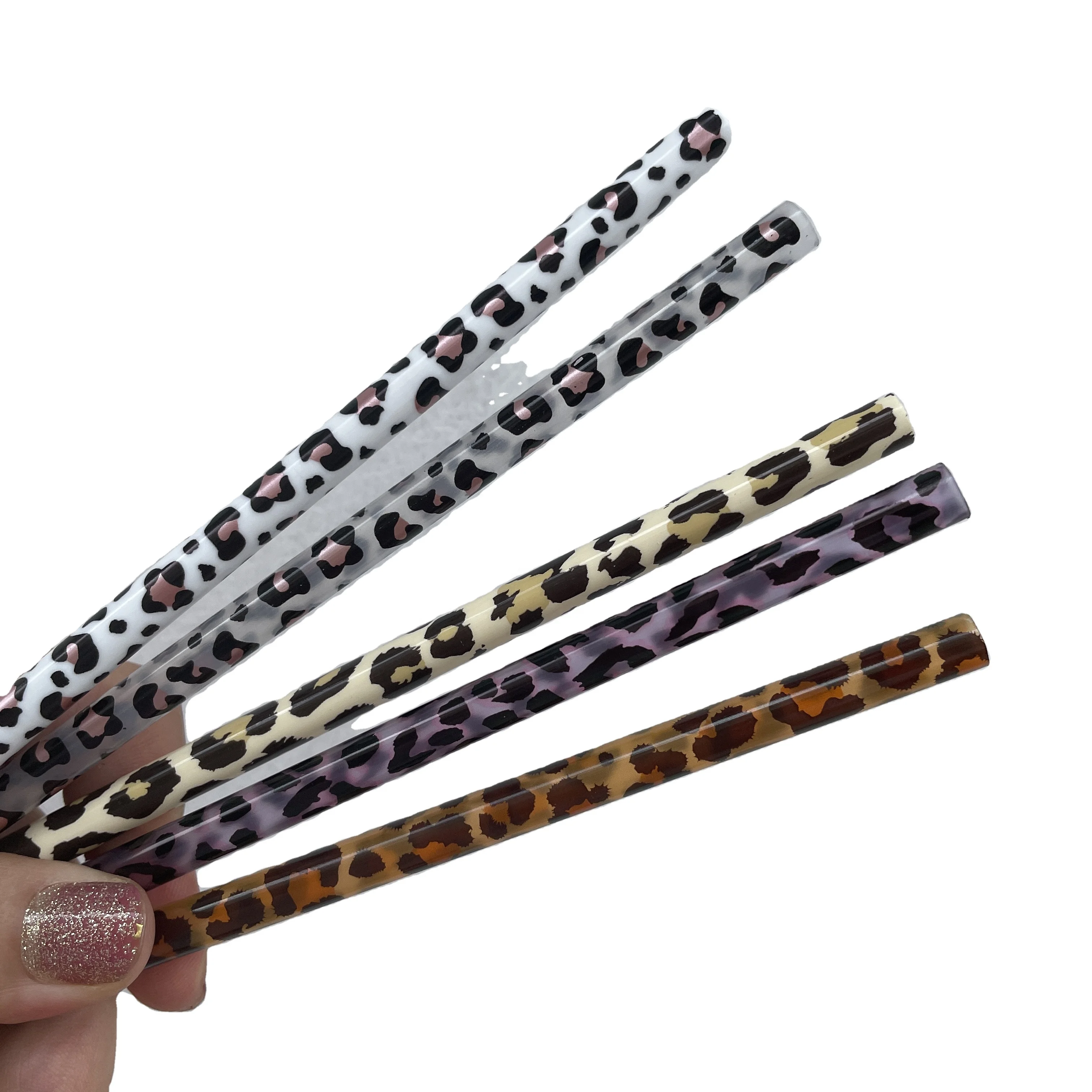 

custom cheetah straw PP Hard printed tumbler leopard plastic straws drinking reusable, Stainless steel color