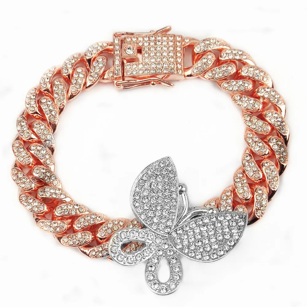 

2020 European and American micro zircon pink butterfly Cuban bracelet popular accessories for men and women, As pic show