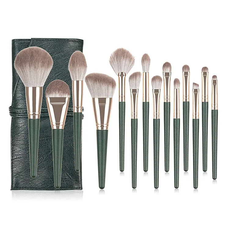 

Hot selling professional makeup brush set OEM 14 green customized logo makeup brush