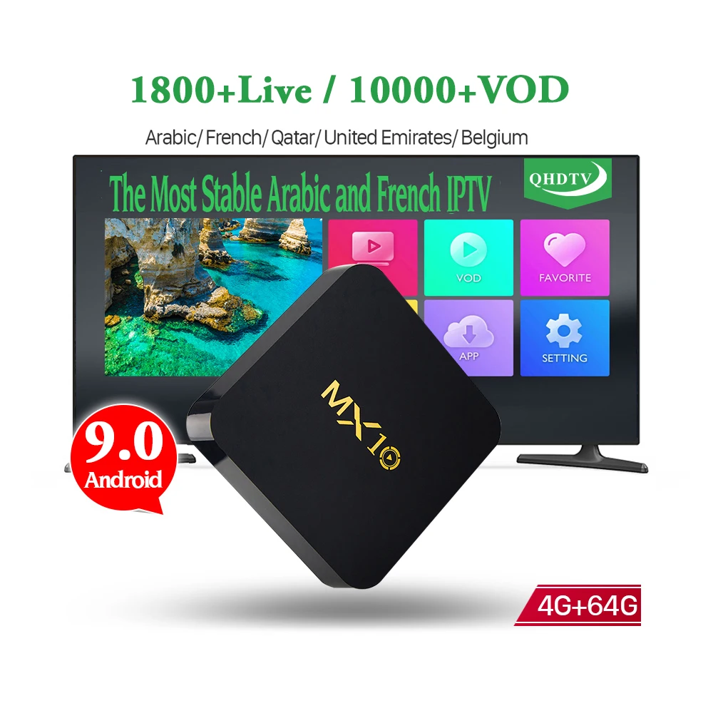 

Android 9.0 TV Box MX10 4GB 64GB RK3328 1 Year QHDTV Subscription IPTV Europe Belgium French Arabic IPTV Box, Balck