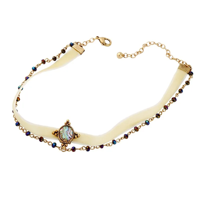 

xl02099 Elegant Colorful Gemstone Beaded Chain Ribbon Strip Hot Sale Charm Double Layer Choker Women Fashion Bead Necklace, Gold