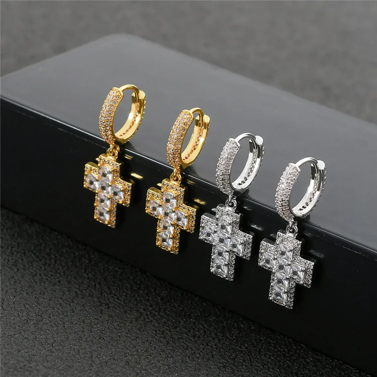 

Wholesale jewelry men accessories big stone white diamond cross drop aretes dangle earrings men, Picture