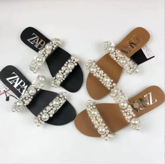 

New Women's Slippers Pearl Inlaid Transparent Sandals Flats Hot Red women shoes Sandals Vendor