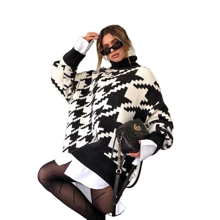 

Long Sleeve Oversized Sweater Dress Women Turtleneck Black Casual Knit Houndstooth Sueter Mujer Knitwear Women Sweater