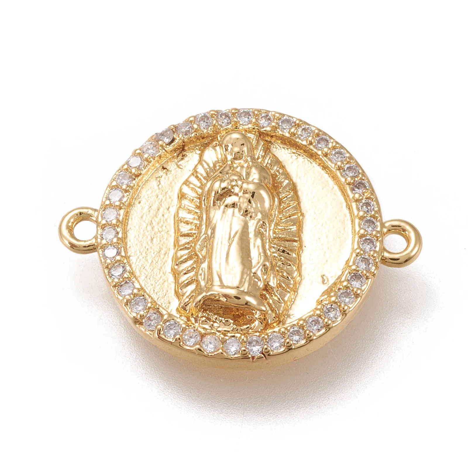 

PandaHall Cubic Zircon Flat Round with Virgin Mary Brass Links Connector, Real 18k gold plated