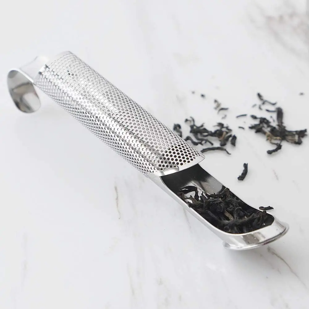 

British Tea Strainer - Cylindrical Mesh Tea Filter, Stainless Steel Unique Tube Tea Stick Infuser with Hook, Silver