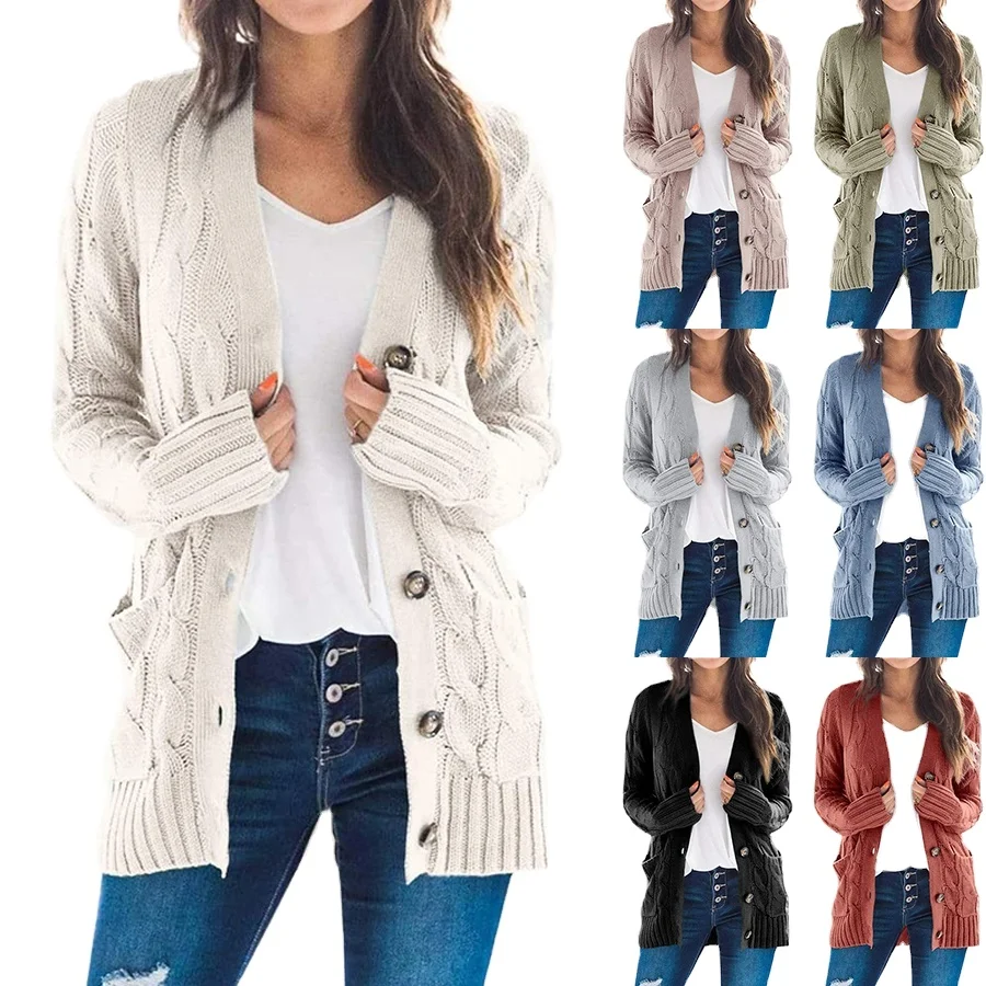 

fall 2021 women's clothes new casual solid color twist button cardigan sweater