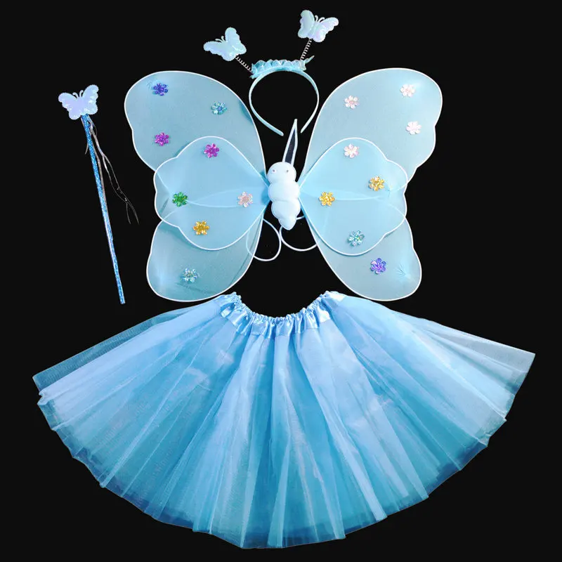 

4Pcs Rainbow Butterfly Wings Three Layers Tulle Tutu Skirt Wand Headband Princess Halloween Party Girls Fairy Costume Set