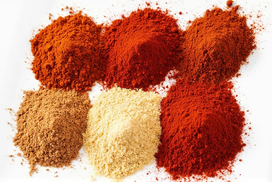 Homemade chili powder replacement ingredients arranged on wooden table