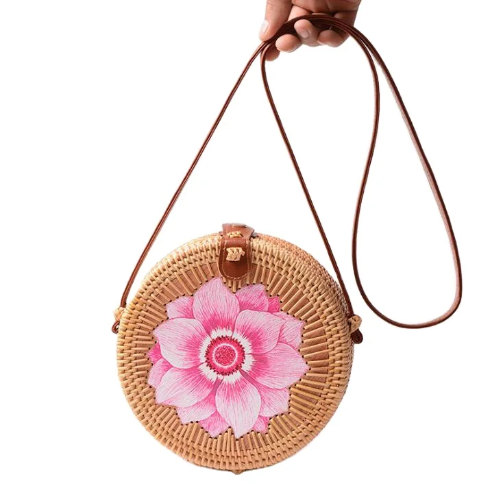 

Handmade Natural Summer Travel Boho Moroccan Straw weave Round Beach Tote Bag