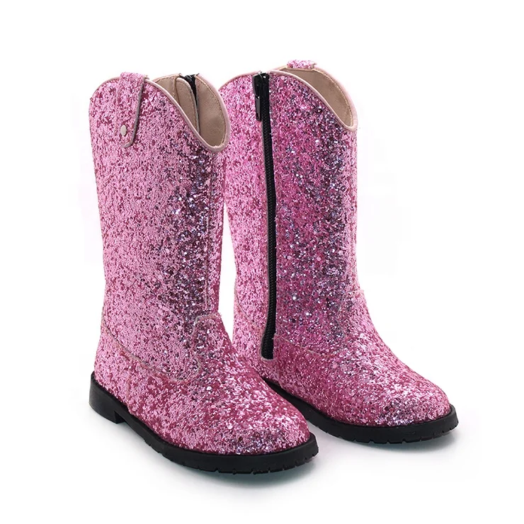 

custom 2021 new design children's long boots for girls glitter leather boots