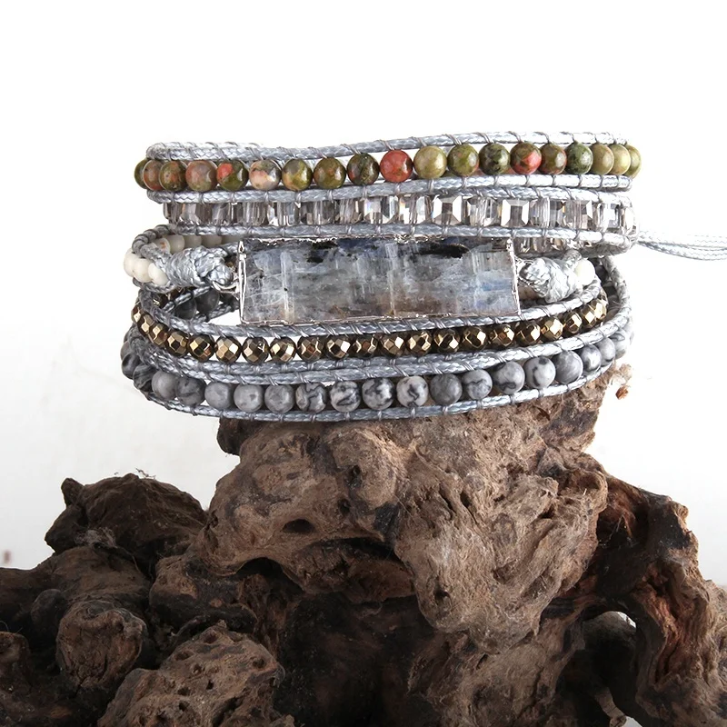 

Fashion Magnetic Beaded Handmade Bracelet Natural Stones Square Crystal 5 Strands Grey Druzy Wrap Bracelets