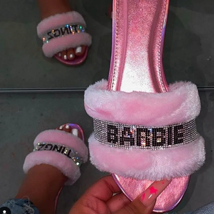 

summer fluffy customize slippers women slippers sandals faux fur lady Rhinestone slipper, Colours