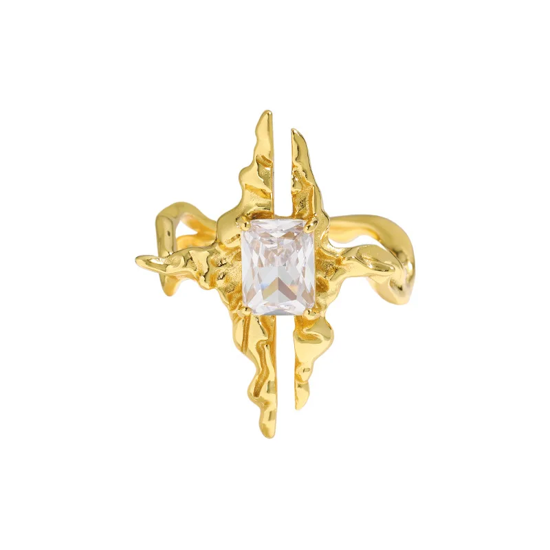 

Personality 18K Gold Plated 925 Sterling Silver Irregular Big Statement Ring Black Zircon Open Adjustable Ring