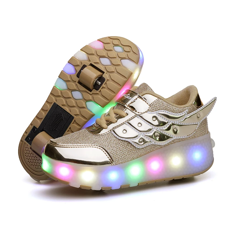 

Wholesale Girls Flashing wing Led shoes with 2 Wheels rechargeable Skate Roller Shoes, Pink, gold ,silver,rose pink