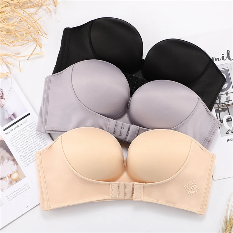 

Large Size Button Up Front Anti-skid Breast Pasted Sexy Accumulation Women's Dress Push Up Strapless Bra, Gray, black, skin tone