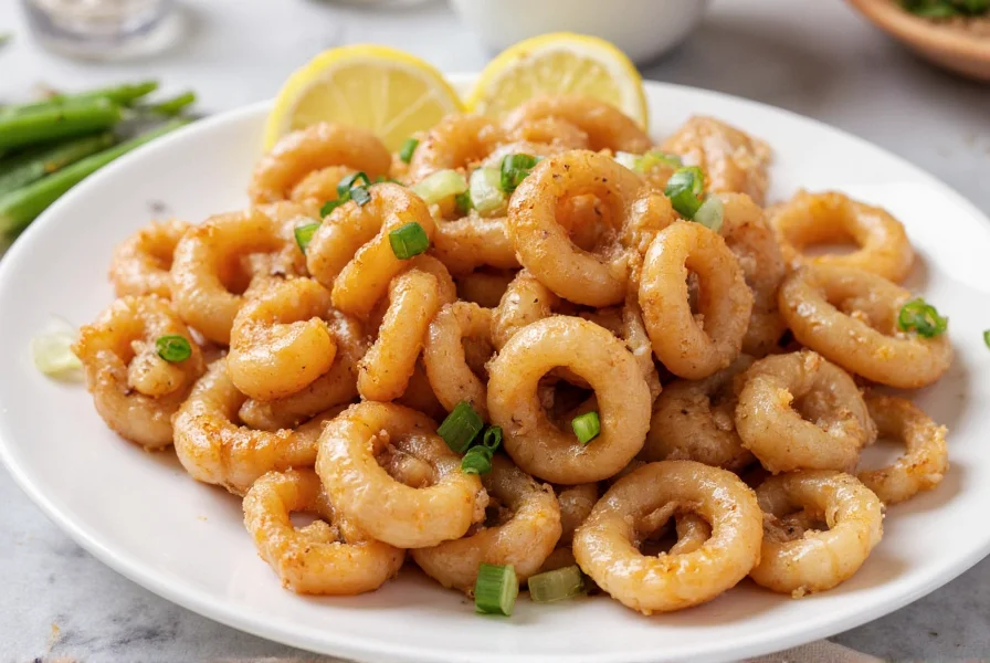 Plated salt and pepper squid with lemon wedges and scallions, showing perfect golden crispiness and tender texture