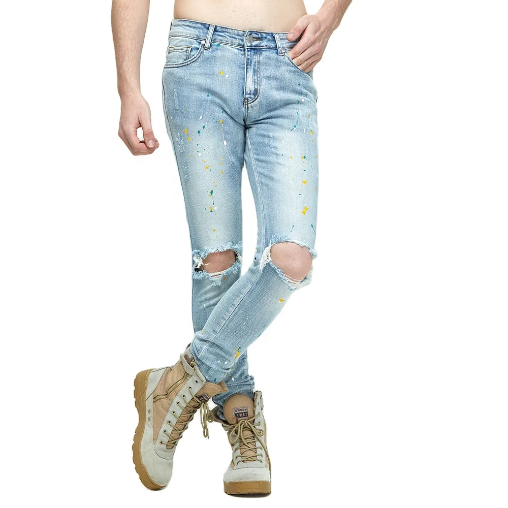 

DiZNEW No MOQ Splash Denim Pants Light Blue Mens Jeans