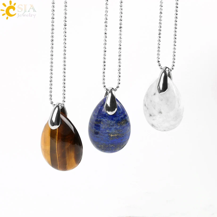 

CSJA wholesale crystal pendant necklace natural tiger eye lapis water teardrop stone pendant chakra healing jewelry E526