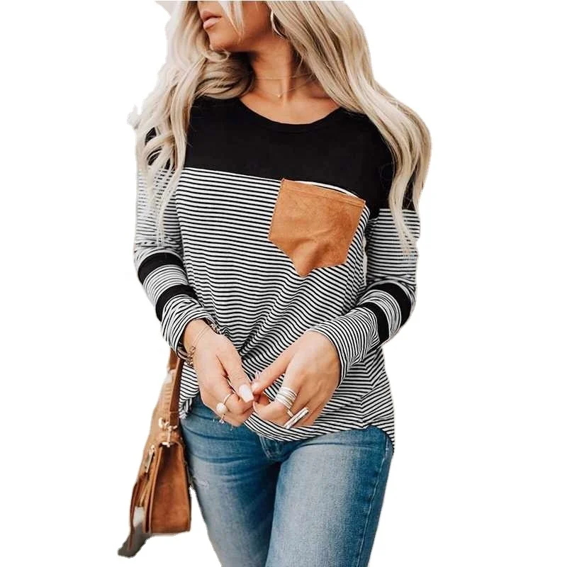 

Women T Shirt New Autumn Winter Casual Striped Prints Long-Sleeved Top T-shirt Female Pockets O Neck Shirts