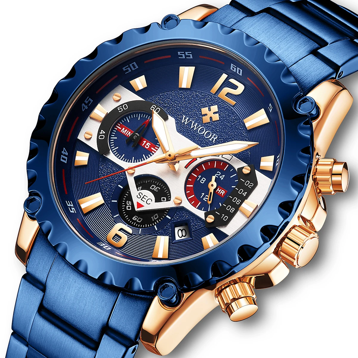 

WWOOR 8880 inventory Spot men's sports waterproof watches male customized OEM / ODM factory Reloj de hombre, Black/blue/gold/gold black