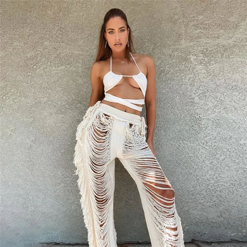 

Women Clothing 2021 fashion High Waist Street style Fashion Fringed Trousers Cut Out ripped Tassel Pants