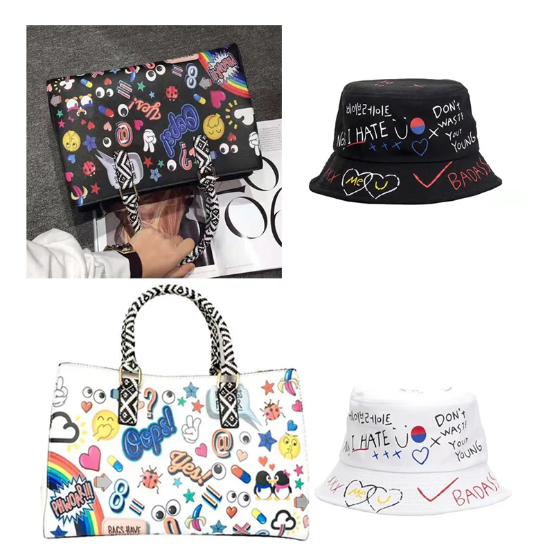 

Wholesale tote graffiti luxury designers famous brands ladies purses and handbags purse and hat sets, White,black