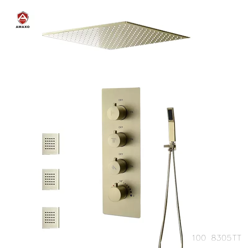 

Luxurious Ceiling Installation Hidden 3 Functions Brushed Gold Shower Faucet Thermostatic Shower Set With Body Jet