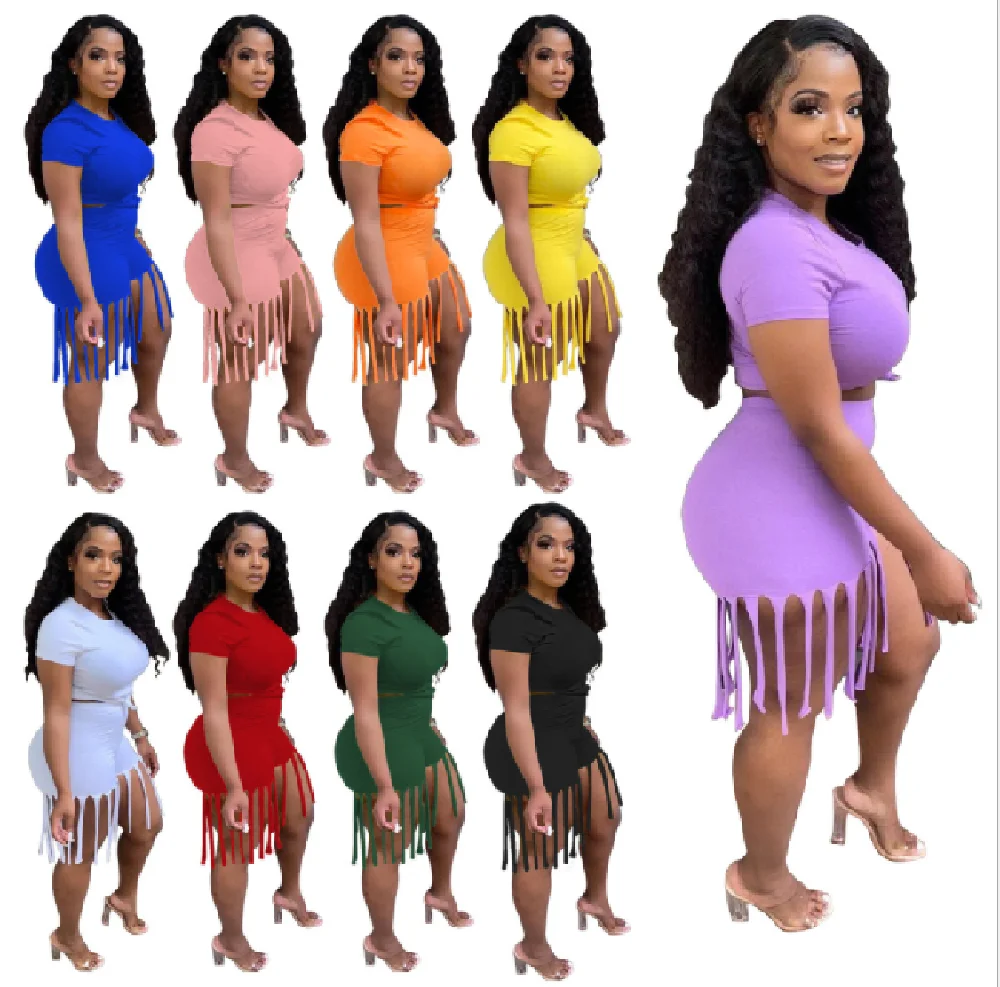 

Plus Size Women Solid Color Short Sleeve O-Neck Crop Tops Elastic Tassel Shorts Fitness Two Piece Set