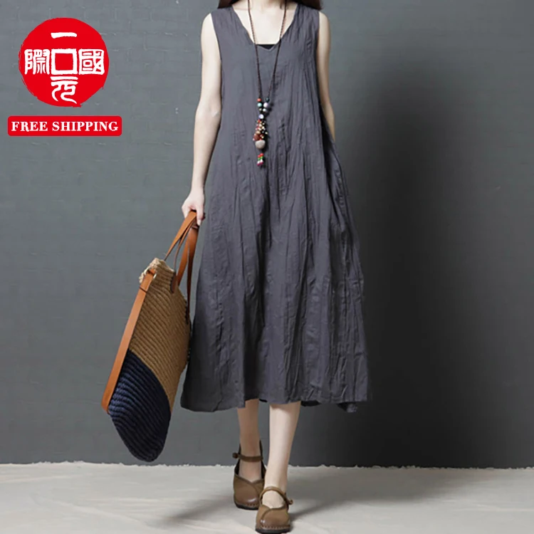 

2021 summer new style loose large size cotton and linen sleeveless vest dress