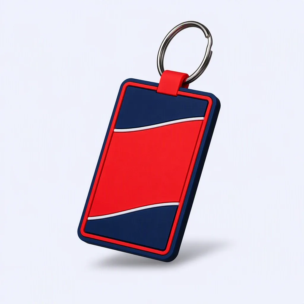 Macro of PVC keychain showing zigzag precision mold seam in red and blue