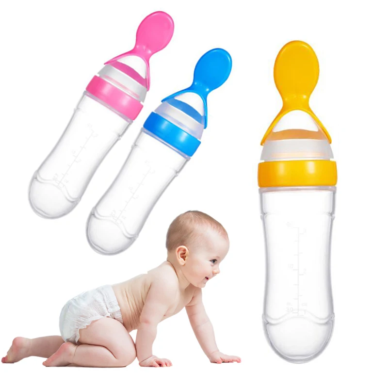 

Amazon hot sale 90ml Silicone baby food feeder baby spoon bottle squeeze spoon