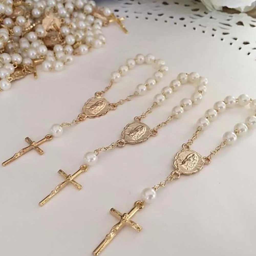 

Baby Glass Pearl Baptism Communion Gift Catholic Cross Finger Chain Mini Prayer Rosary