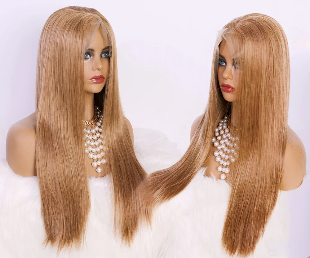 

13X6 Transparent lace light Coffee long straight synthetic front lace wig wholesale price soft and good thickness for women