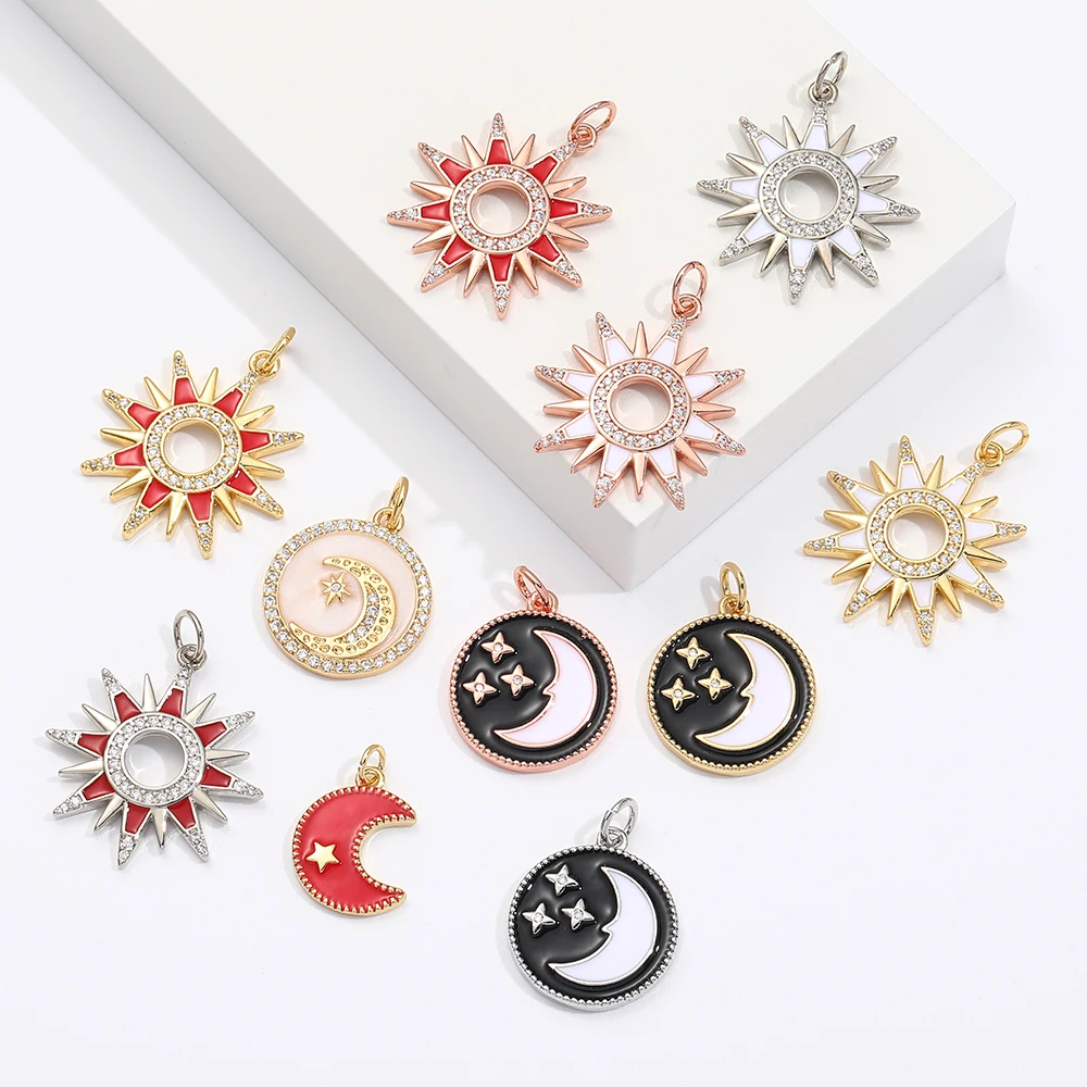 

Original Design Gold Plated Sun Moon Star Black Enamel Pendants Copper Jewelry Accessories, Gold/silver/rosegold