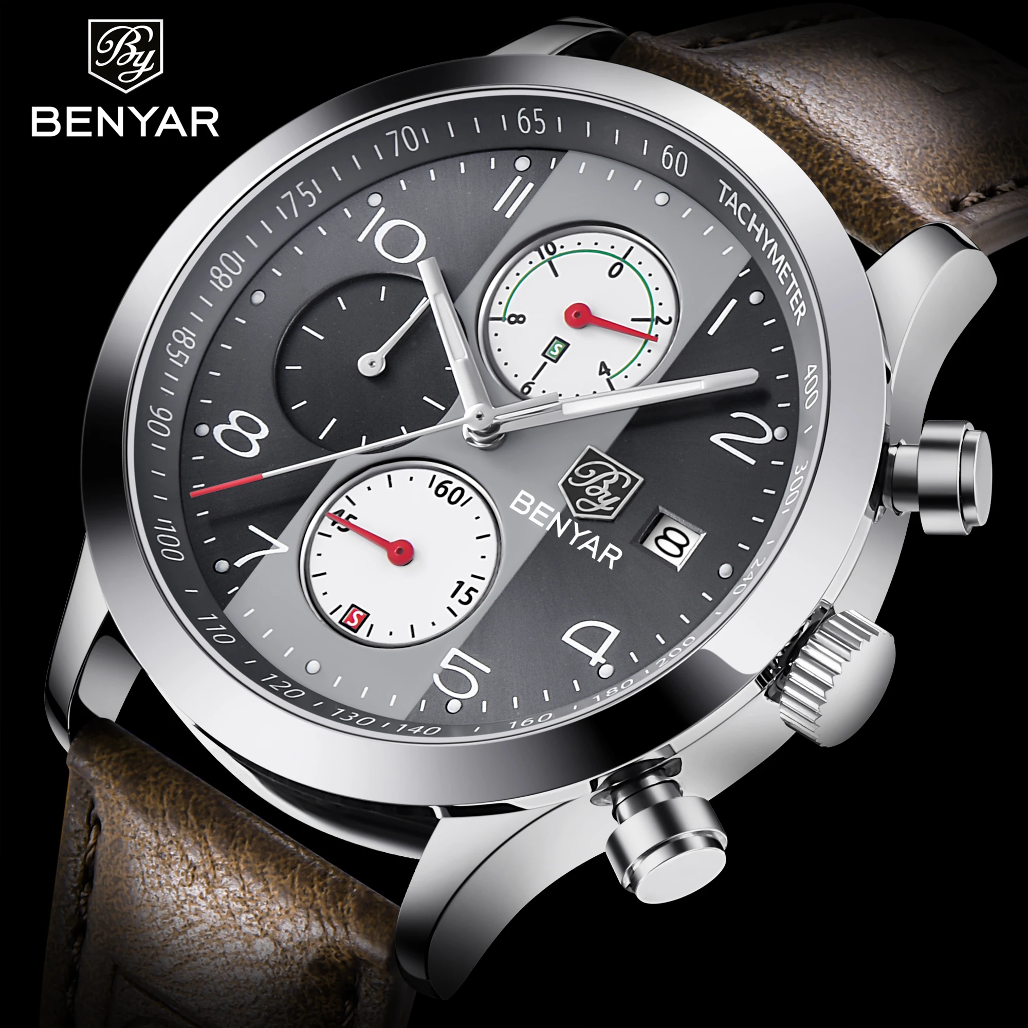 

Benyar 5133 cool blue sport wrist watches for men quartz 3ATM water resistant multifunction Chronograph long leather strap