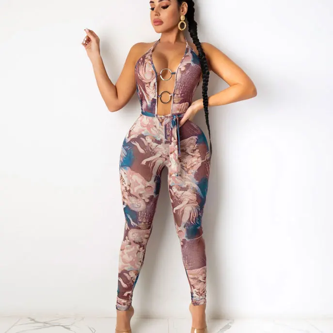 

S3260A fashion print sexy V-neck backless jumpsuit for woman