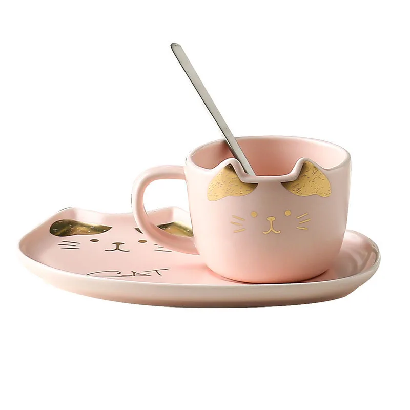 

Cute 3D Cartoon Cat Shaped Porcelain Coffee Mug Set With Saucer, White,black,pink