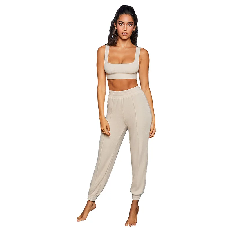 

Ribbed Crop Top Camisole Trousers 2 Piece Set 2019 Solid Color Two Piece Outfits fashion Comfortable Outfit