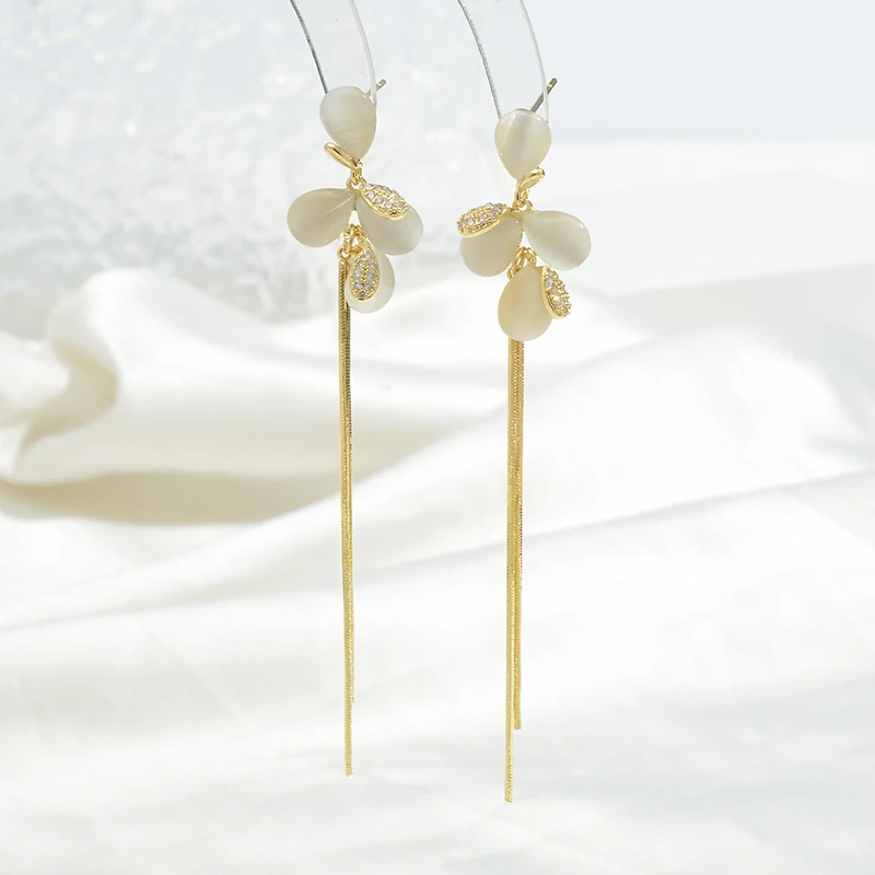 

ED63491 Korean opal petal long tassel drop stud earrings fashion gold plated women jewelry