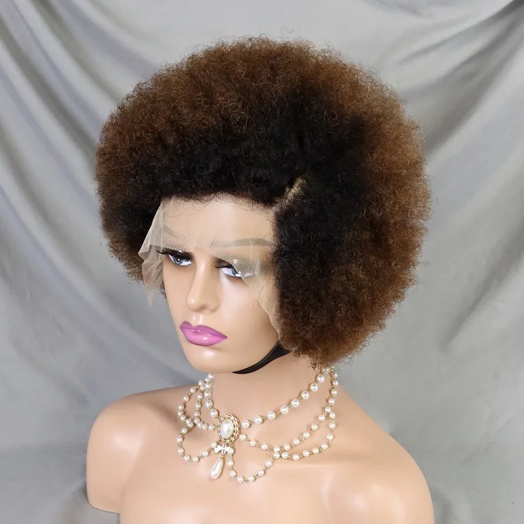 1BT4 Colored Hair Afro Kinky Pixie Wig 13x4 Lace Full Frontal Afro Human Hair Pixie Cut Wigs For Black Women