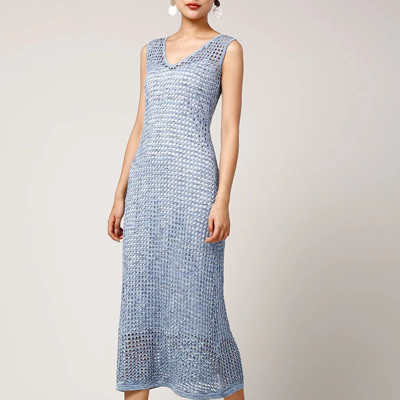 

Wholesale New spring Summer Fashion Women's Casual V Neck Solid Color Pure Silk Sleeveless Hollow Knitted Party Dress