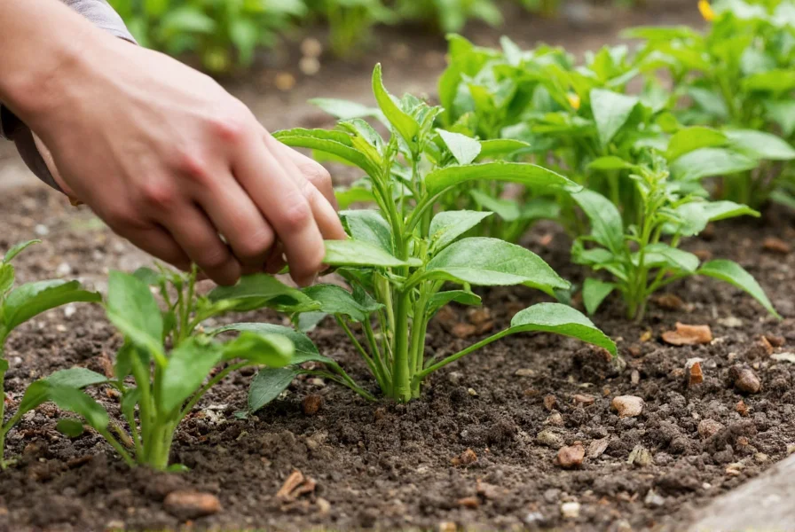 Healthy pepper seedlings being transplanted into garden bed with proper spacing