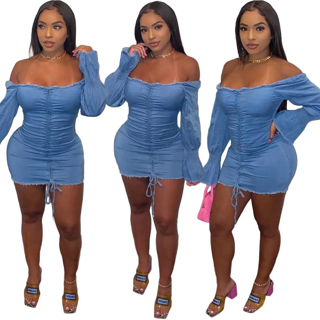 

BR929 sexy off-Shoulder slash neck Bell Sleeve stacked ruched bandage 2021 summer denim dress for women