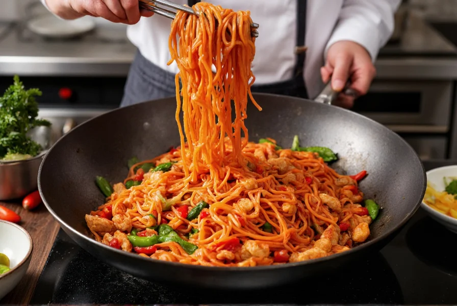Chef preparing red pepper noodles in a wok with vegetables and protein