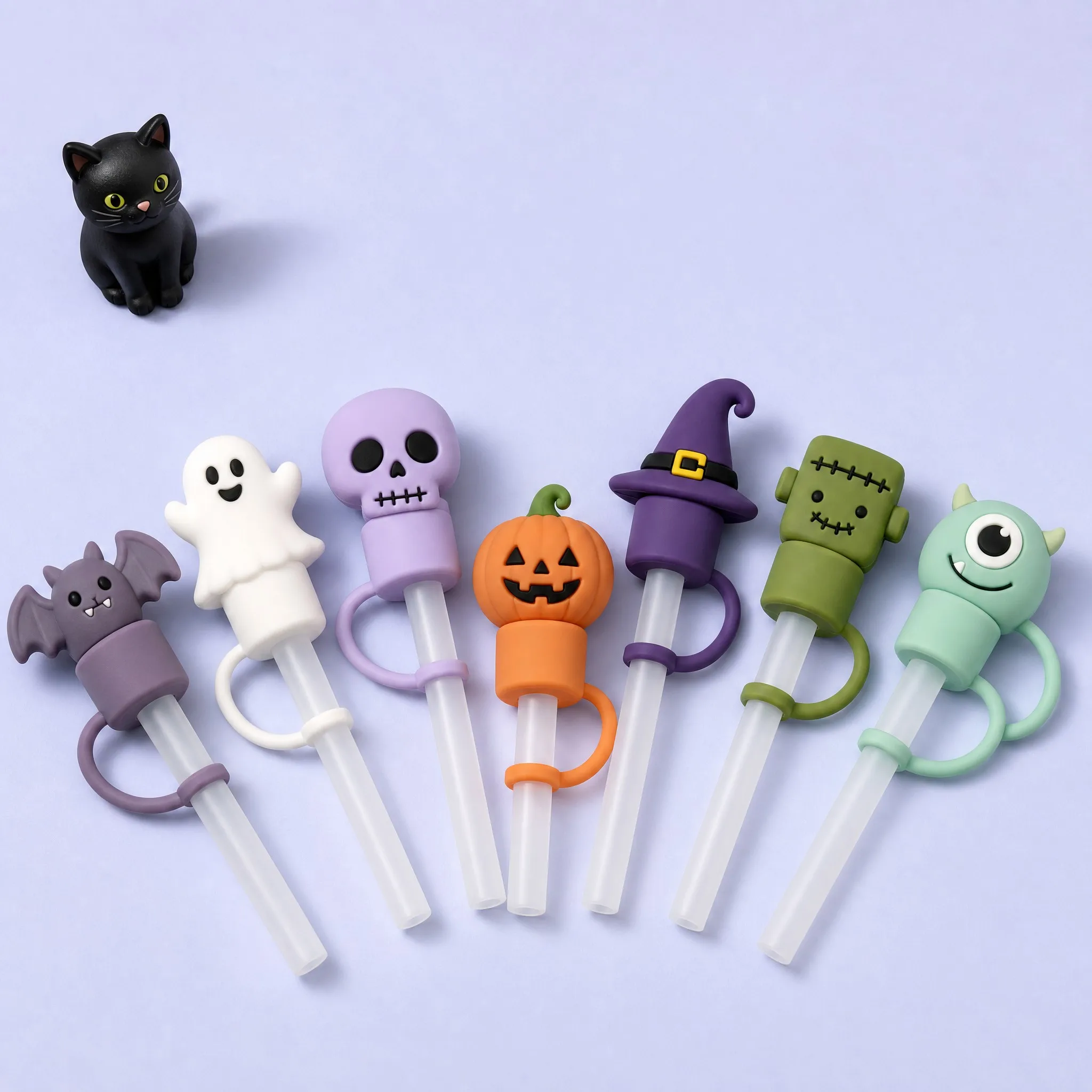 7 Halloween Characters in Fan Formation with Black Cat Figurine