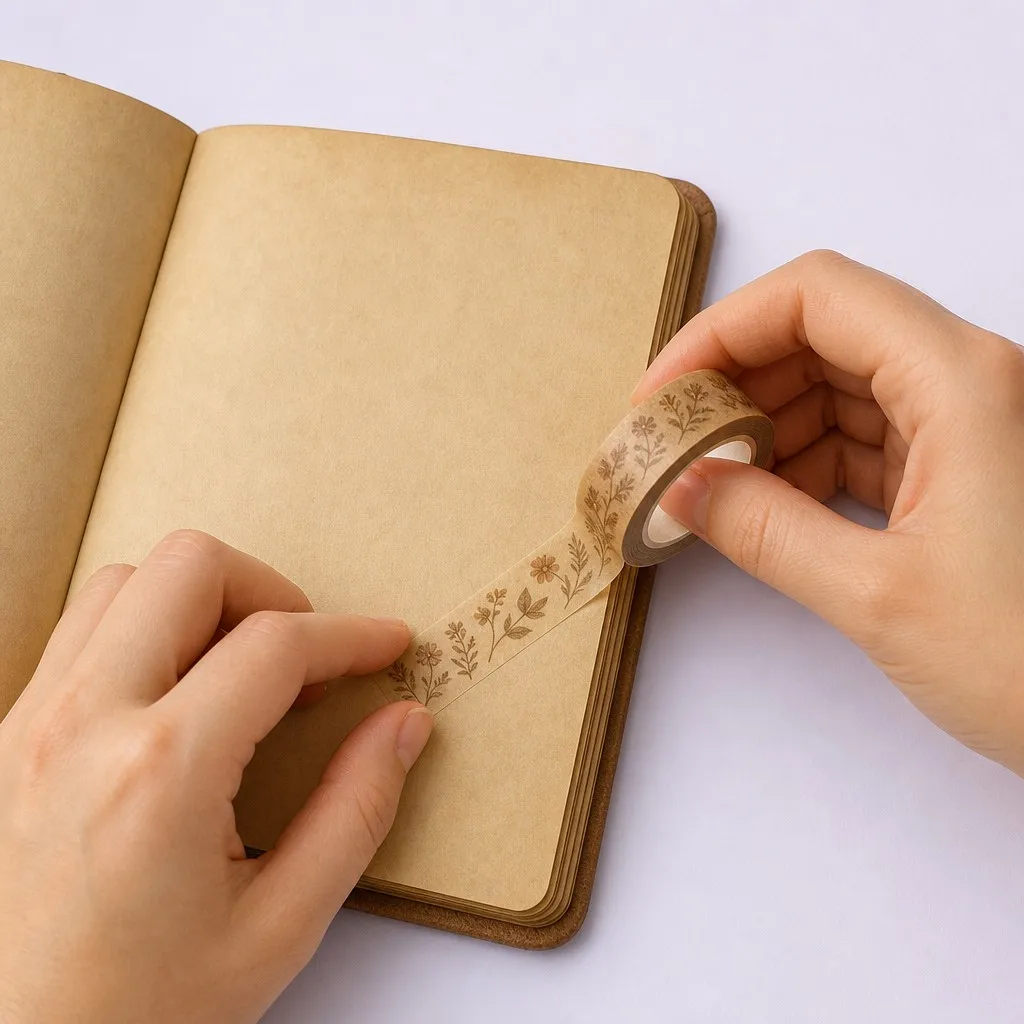 Hand applying vintage botanical washi tape to journal