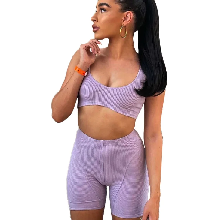 

E22ST144 2022 Spring Summer New Hollow-out Vest Tight Fitting Two Piece Set Peach Hip Lifting Threaded Shorts Women 2-pieces Set, As pictures