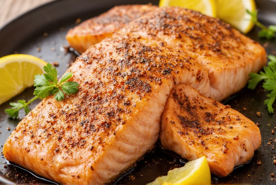 Grilled salmon fillet generously coated with aji lemon pepper seasoning, served with lemon wedges and fresh herbs